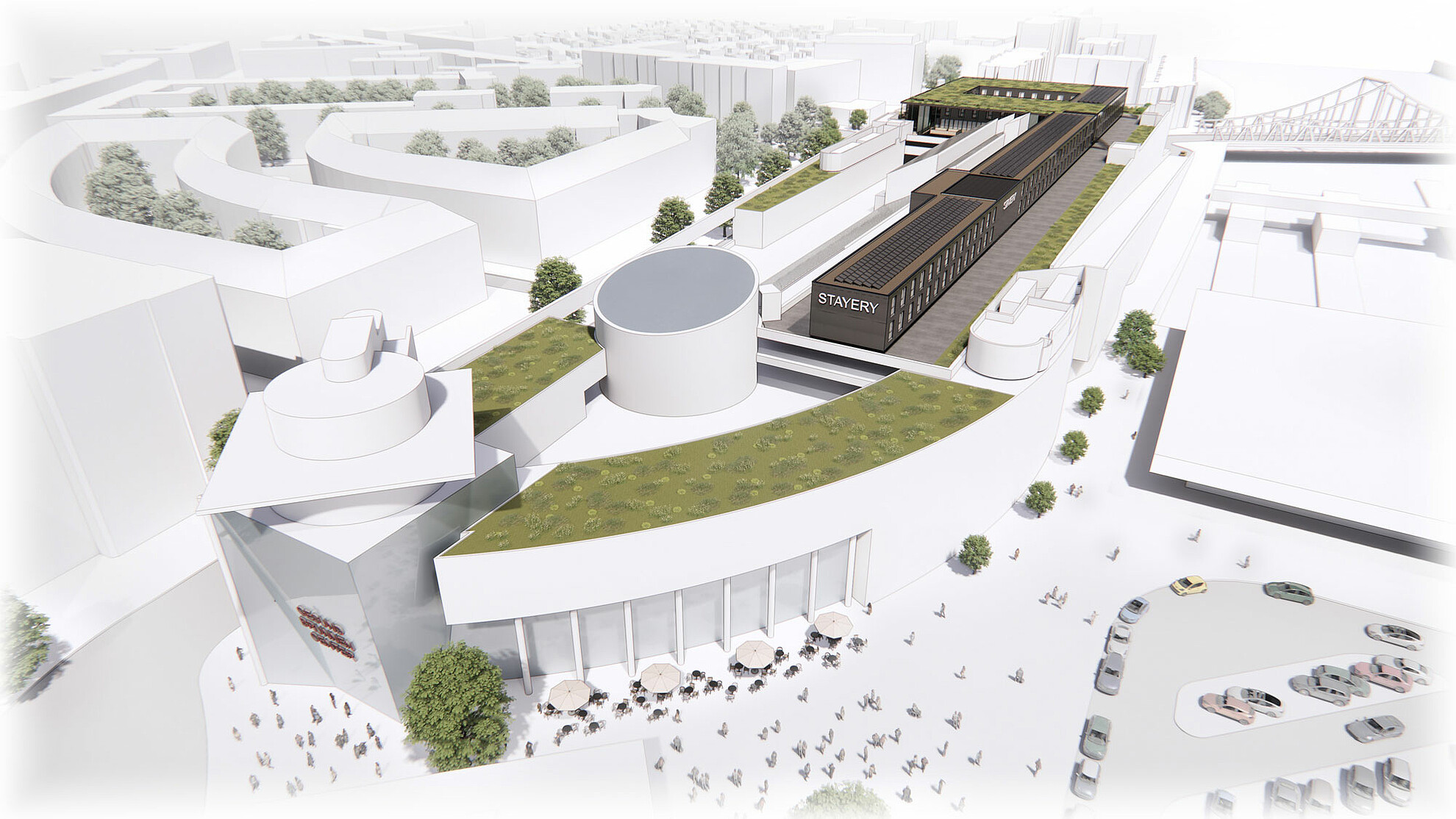 Rendering Gesundbrunnen-Center mit STAYERY auf dem Dach