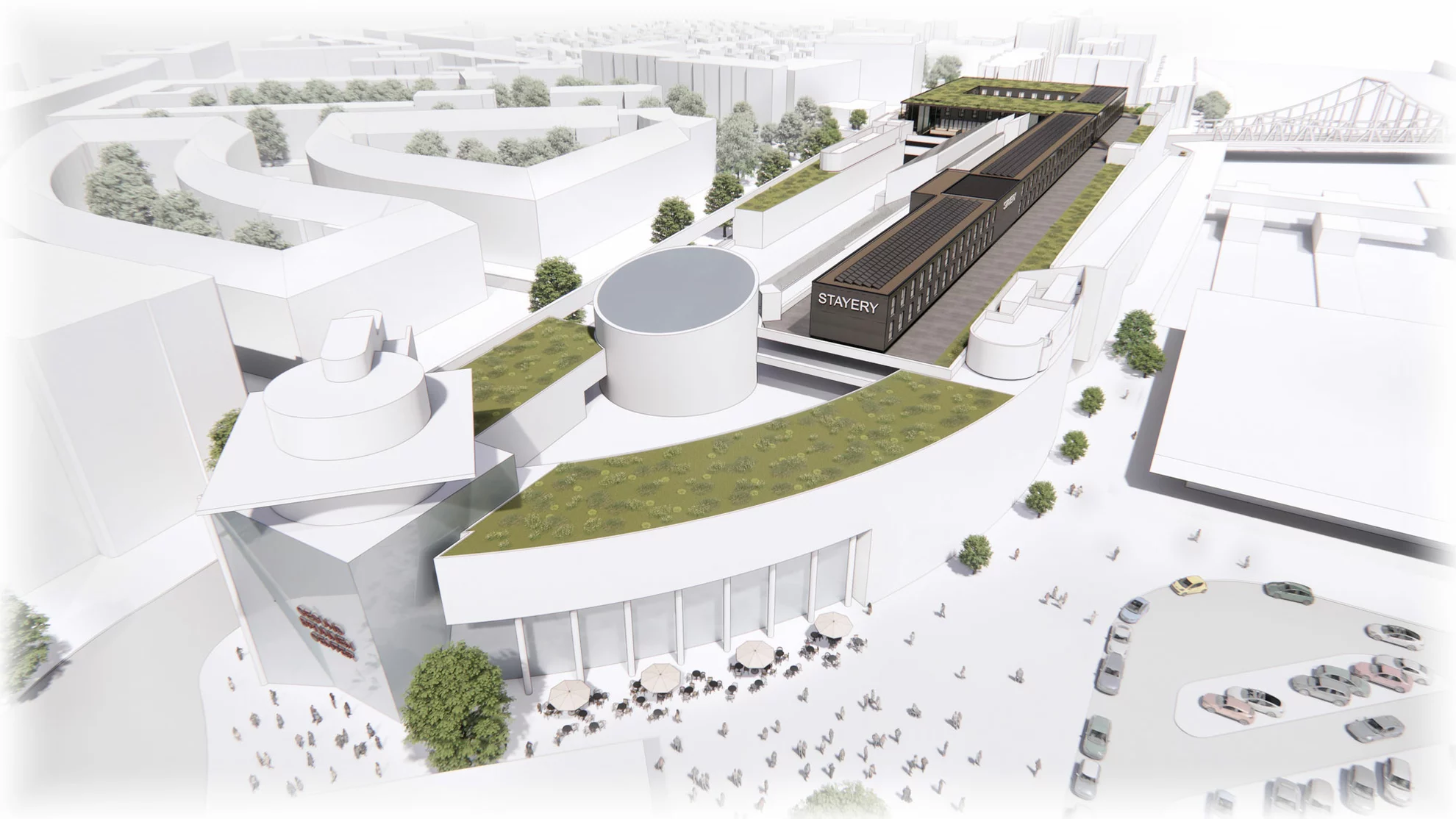 Rendering Gesundbrunnen-Center mit STAYERY auf dem Dach