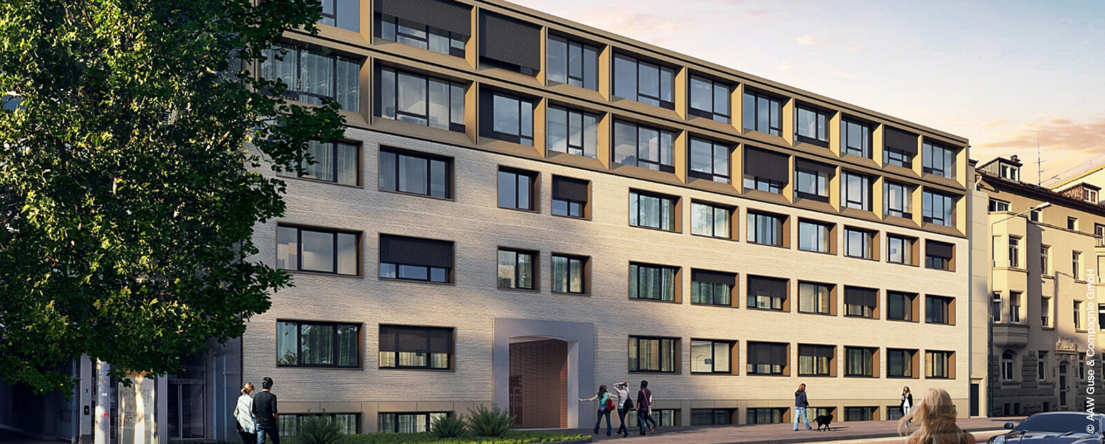 Preview, rendered view of the exterior and the main entrance of the Stayery Stuttgart