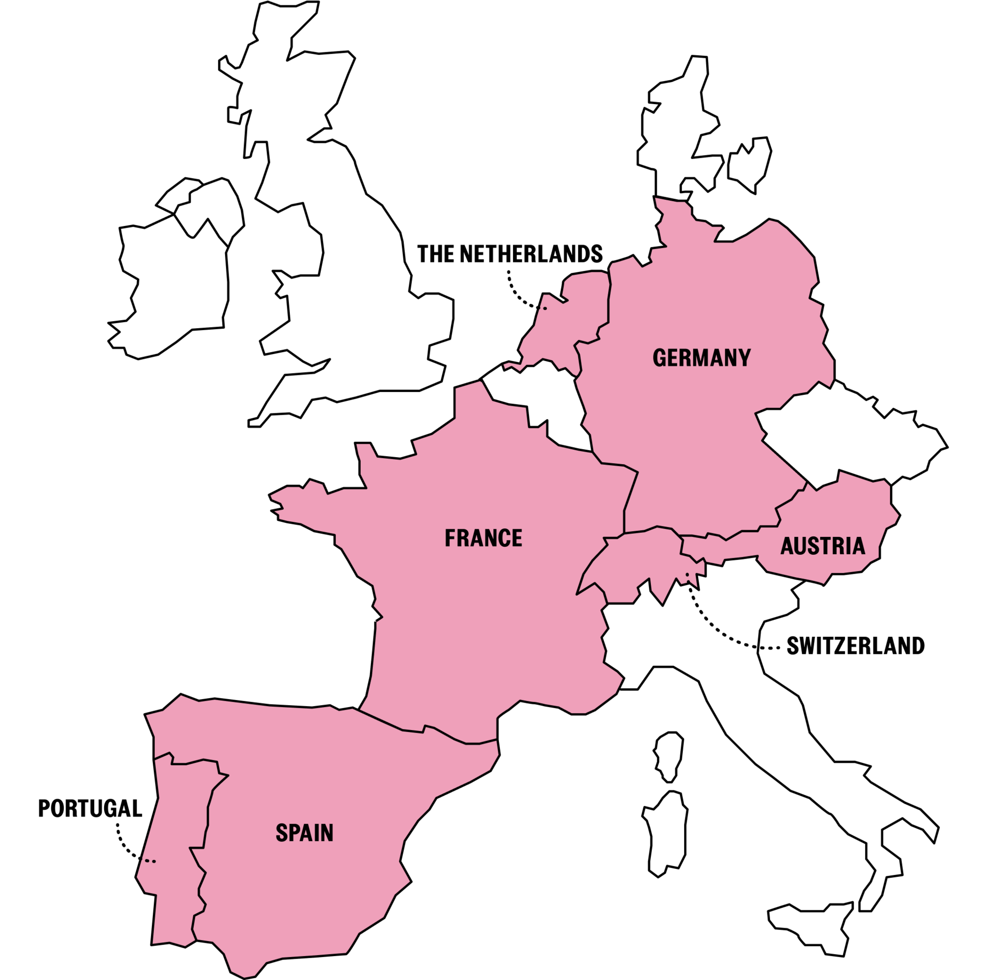Graphic map with countries highlighted in colour and locations of the Stayery serviced flats